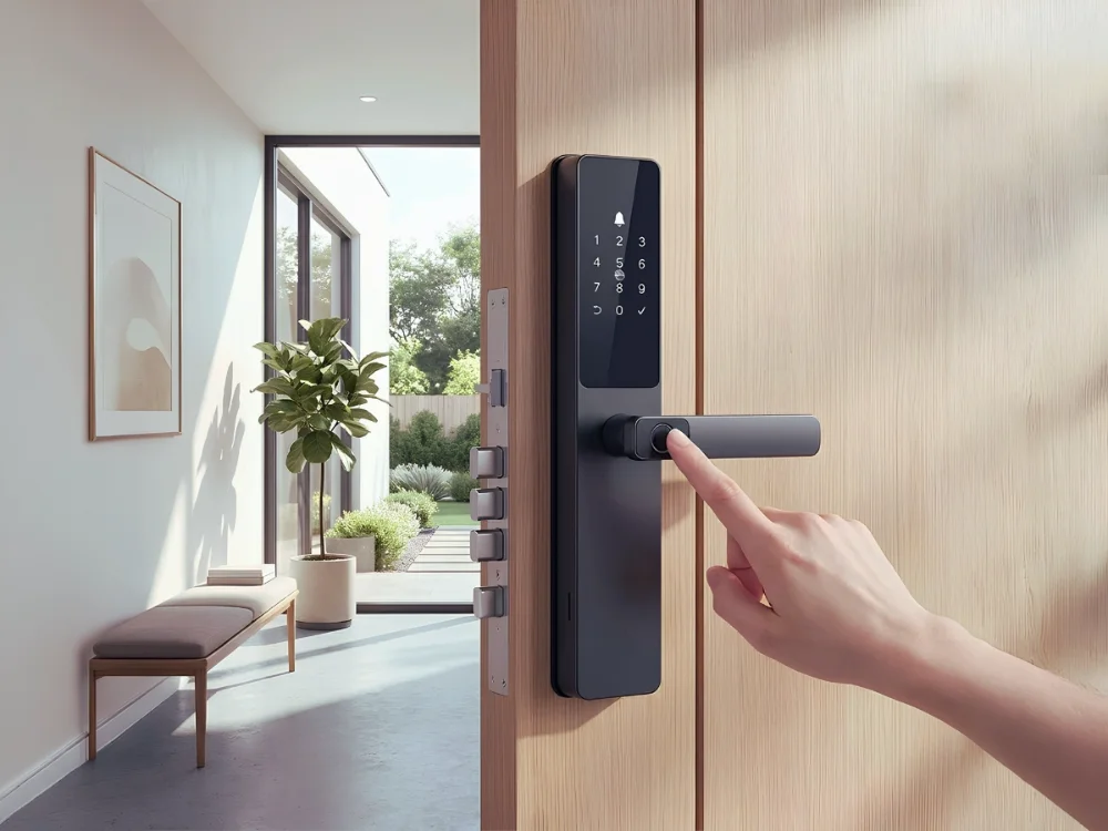 Cerradura inteligente con teclado táctil y lector de huella instalada en la puerta de madera de una vivienda
