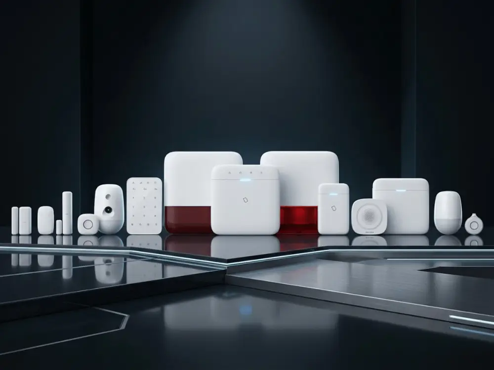 Central AX Pro con periféricos: paneles, teclado, sirenas, sensores de movimiento y control remoto sobre fondo oscuro