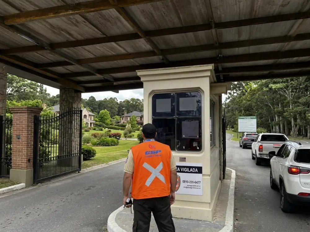 Guardia de GSP con chaleco naranja controlando el acceso vehicular en la garita de un barrio privado del Gran Buenos Aires