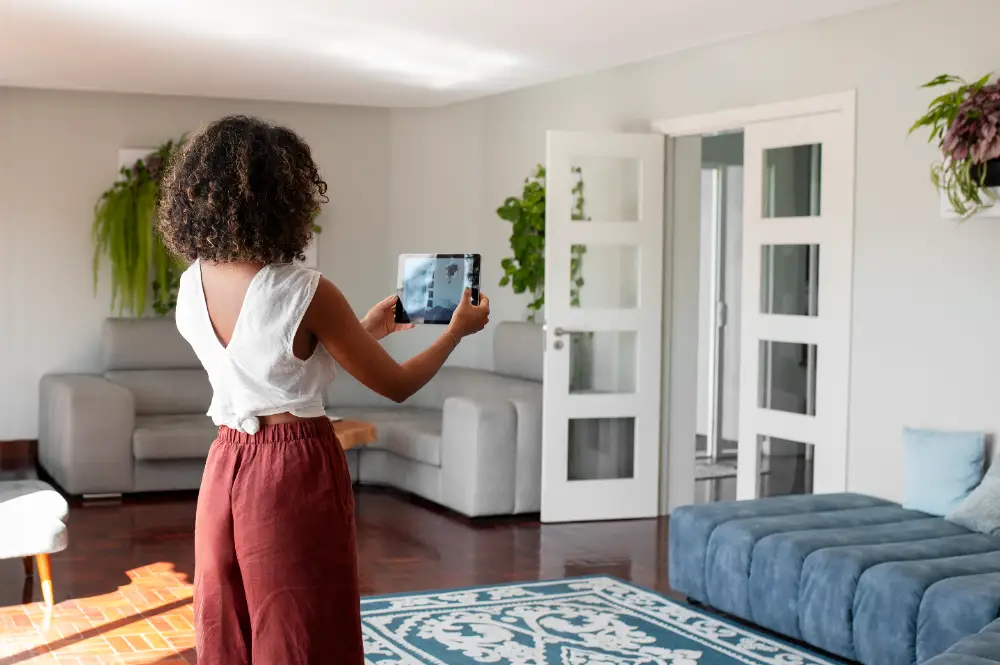 Persona monitoreando las cámaras de su hogar desde una tablet en el living de una casa