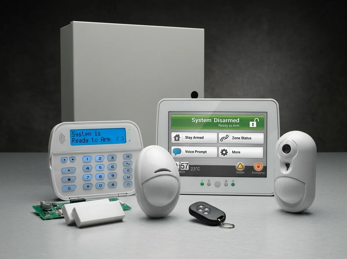 Kit de alarma DSC con teclado, panel táctil, sensores y control remoto