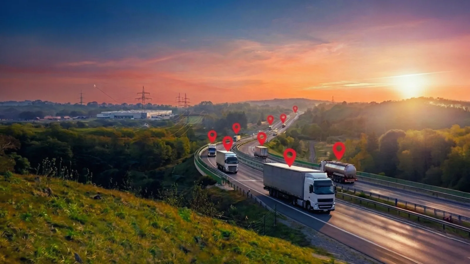 Camiones de una flota circulando por la autopista al atardecer con marcadores de geolocalización GPS