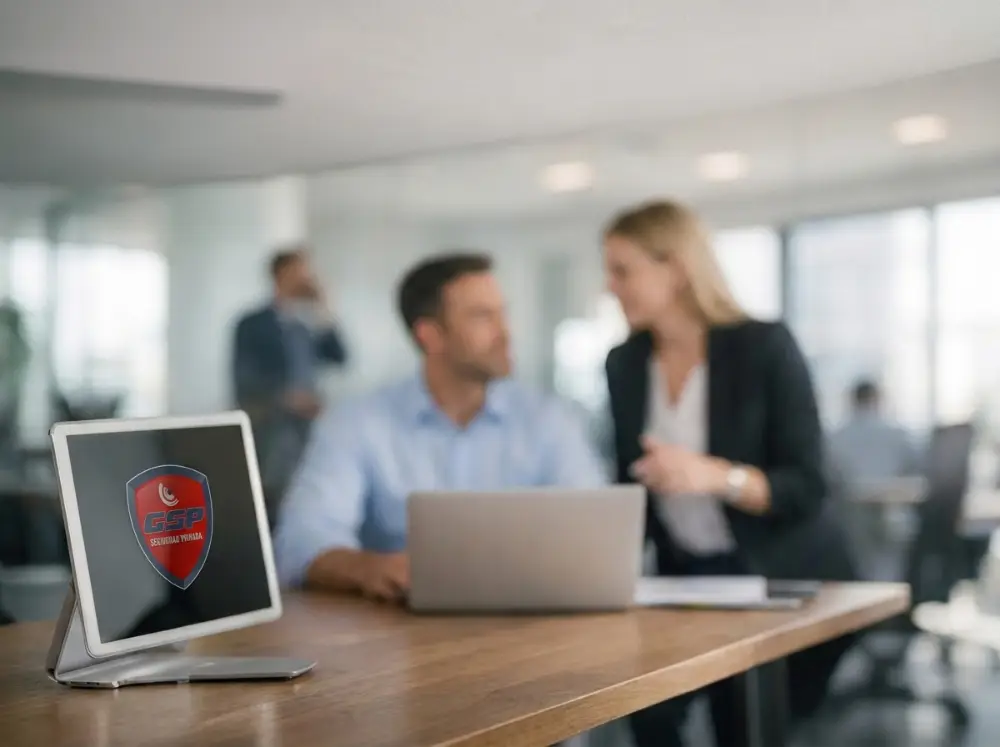 Oficina de GSP en La Plata: tablet con el logo de la empresa en primer plano y equipo comercial trabajando de fondo