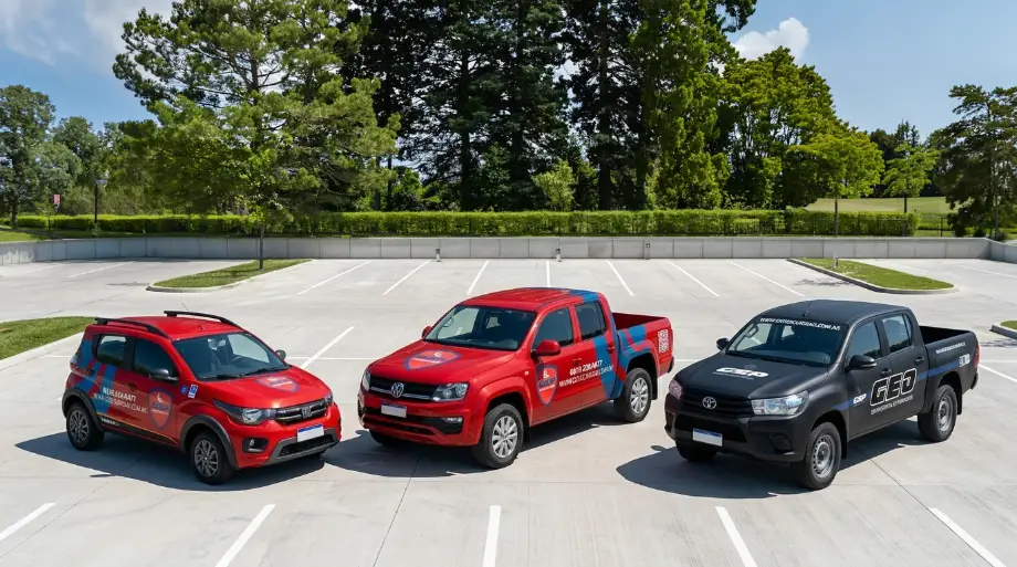 Flota de móviles identificados de GSP Seguridad estacionados en un predio: dos autos rojos y una camioneta negra rotulados