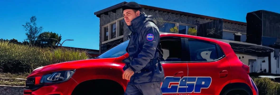 Guardia de seguridad de GSP junto a móvil patrullero en barrio privado